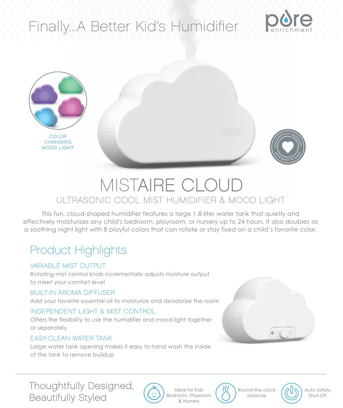 Pure Enrichment MistAire Cloud Ultrasonic Cool Mist Humidifier and Mood